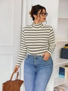 Lounesse Camiseta de punto de cuello alto ajustada de talla grande de color liso acanalado