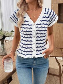 SHEIN LUNE Contrast Stripe Short Sleeve Hollow Out Knit Top Sweaters For Women Fall Sweaters - Blue - View 9