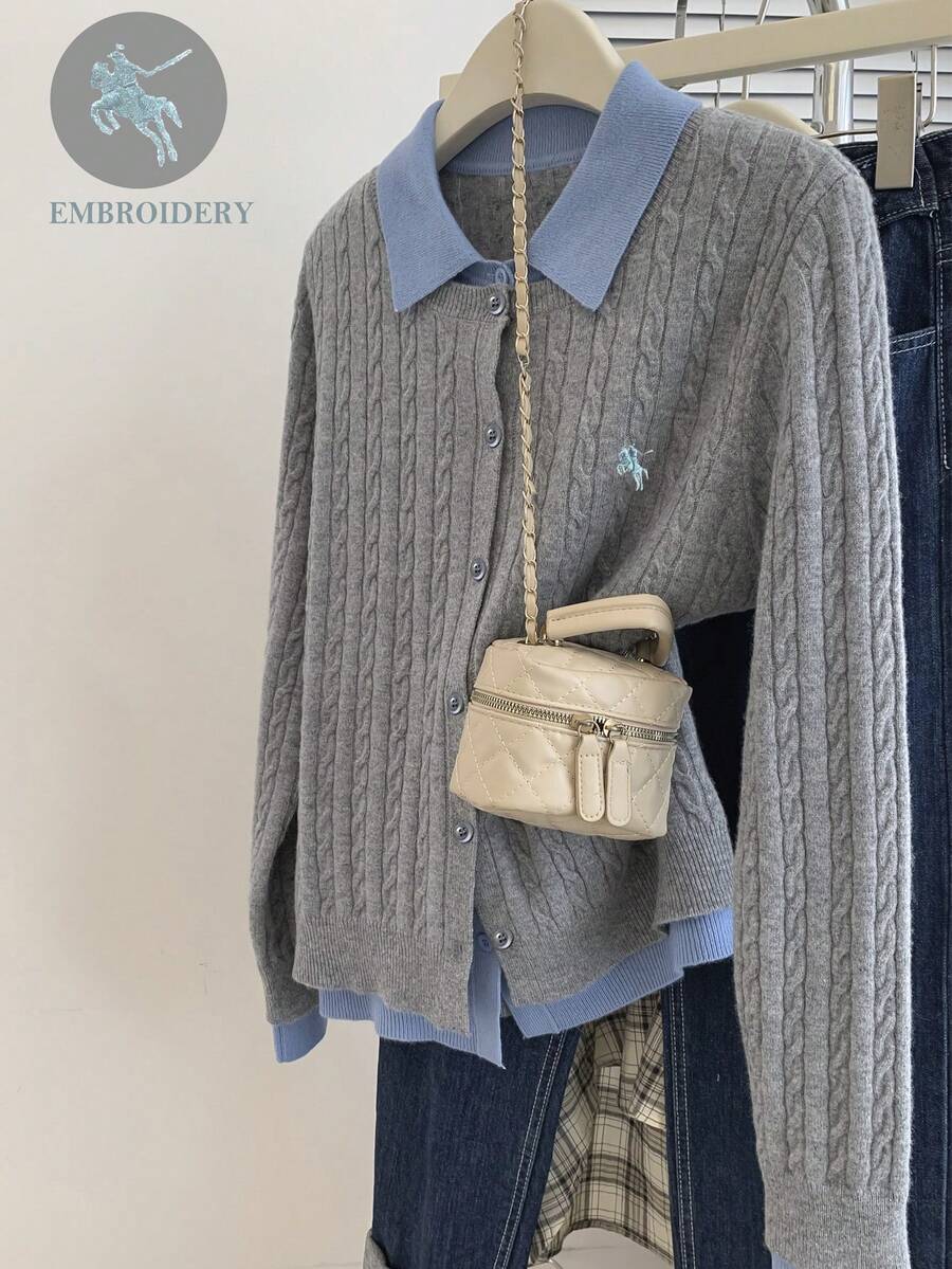 Franclia 女士休闲百搭针织开衫，秋季 - 灰色 - 查看 1