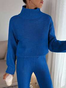EURMUSE Conjunto de suéter de cuello alto relajado para mujer con detalles de punto acanalado y pantalón de punto recto - azul real - Ver 7