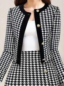 SHEIN 少女休闲简约舒适圆领开衫和裙子套装 - 黑與白 - 查看 5