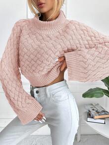 EURMUSE Solid Batwing Sleeve Mock Neck Pointelle Knit Sweater - Beige - View 3