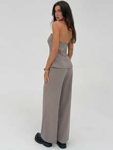 Aloruh Conjunto de traje de mujer gris moderno de oficina, sin tirantes, ajustado y recto - Caqui - Ver 2