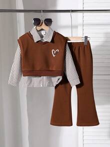 Kleine Mädchen 3 Stücke/Set Lässig Gestreiftes Hemd + Herz Muster Weste + Hose Outfit, Herbst/Winter