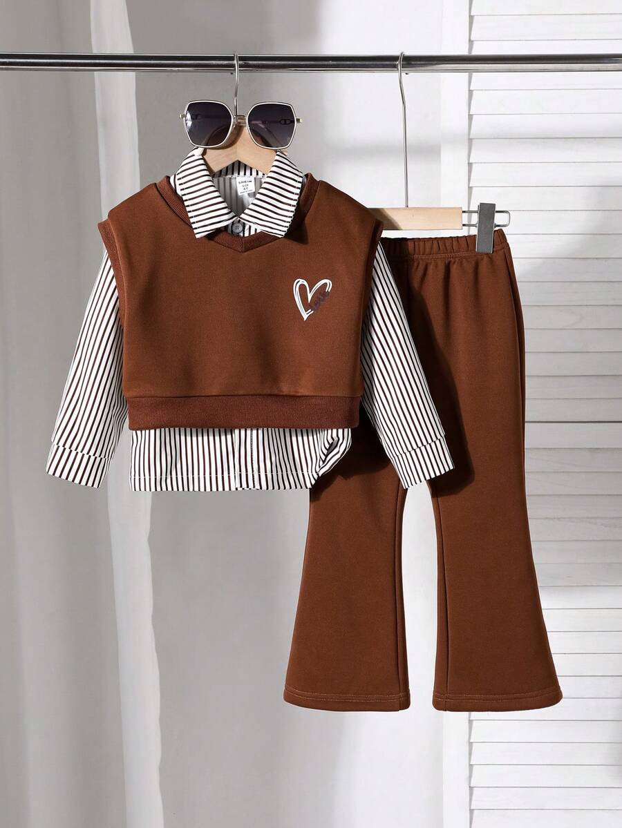 Kleine Mädchen 3 Stücke/Set Lässig Gestreiftes Hemd + Herz Muster Weste + Hose Outfit, Herbst/Winter