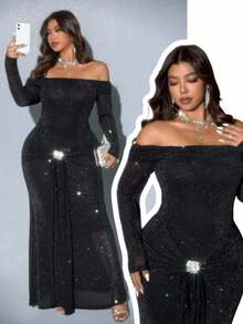 Viva Relle Đầm ôm sát vai cổ lọ tay dài đính sequin ánh kim cỡ lớn, có họa tiết đá pha lê, buộc chéo và dài đến đầu gối, đầm dự tiệc - màu đen - Xem 8