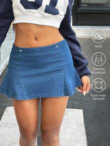 Flexra Women's Fashion Ruffled Hem Mini Denim Skirt - Medium Wash - View 1