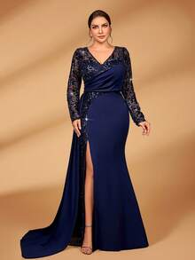 Serin Váy maxi đuôi cá xếp nếp bằng vải satin co giãn, đính ngọc trai và sequin sang trọng, thanh lịch cỡ lớn, xẻ tà bên hông, thích hợp cho đám cưới, tiệc tùng, kỳ nghỉ, dạ hội, váy dạ hội cho mẹ cô dâu - Màu xanh lam - Xem 4