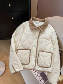 SHEIN Frenchy 女式休闲撞色饰边双口袋绗缝领夹克，秋冬 - 米色 - 查看 6