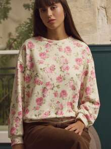 lacRébo بلوزة رياضية بيضاء كبيرة الحجم مع طباعة زهرية عتيقة ملابس نسائية للخريف، ملابس موسم الخريف