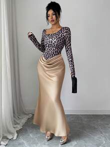 Elenzga Damen Herbst/Winter Leoparden Muster Farbblock asymmetrischer Kragen Langarm Farbblock Falten Taille figurbetonte A-Linie elegantes vielseitiges Alltagskleid