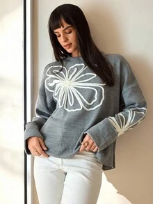CLARA VERO 女士休闲刺绣撞色圆领落肩宽松套头毛衣 - 灰色 - 查看 5