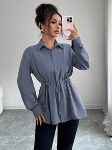 Elenzga Women's Elegant French Office Commute Street Style Utility Shirt, Featuring Shirt Collar, Front Placket, Waist Drawstring, Bowknot Long Sleeve Blouse, Suitable For Spring, Autumn And Winter - Dusty Blue - View 8