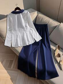 SHEIN Clasi Áo sơ mi kẻ sọc chắp vá màu trơn cỡ lớn, quần ống rộng màu trơn, quần dài ống rộng, bộ 2 món cho nữ, thu/đông - Nhiều màu - Xem 2