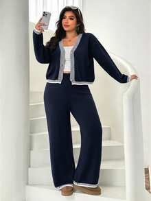 Solflare Plus Size Women Casual Contrast Binding Button Cardigan And Wide Leg Pants Set, Suitable For Daily Commute, Autumn/Winter - Navy Blue - View 4