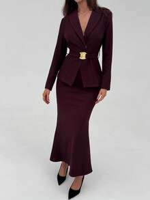 Aloruh Women's Solid Color Shawl Collar Long Sleeve Belted Jacket And Fish Tail Midi Skirt Elegant Suit Set