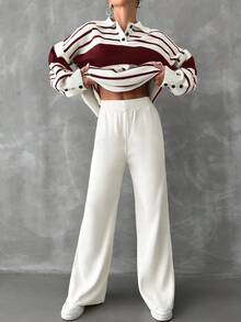 EURMUSE 2pcs/Set Women Striped Drop Shoulder Long Sleeve Polo Neck Sweater & Knit Pants Casual Outfit, Autumn/Winter - Multicolor - View 3