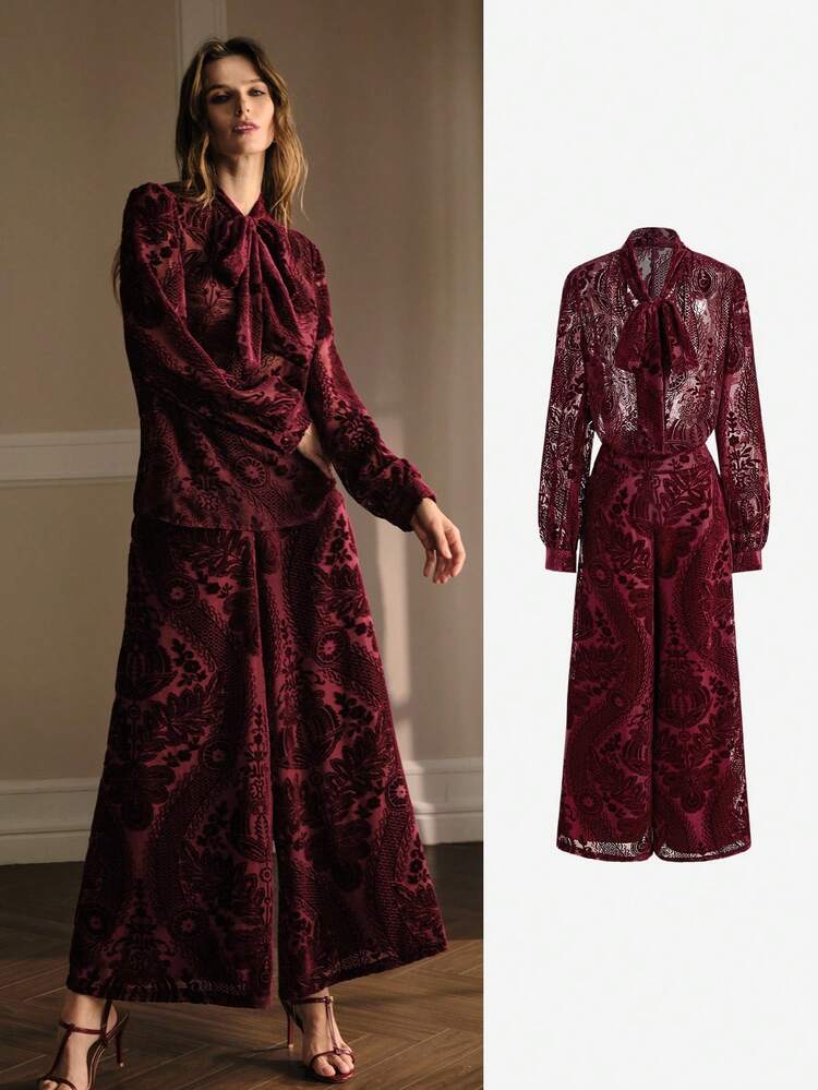 VELVET TIE NECK TOP & WIDE LEG PANTS SET
