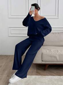 SHEIN Tall 高个女款V领宽松毛衣和针织裤套装 - 藏蓝色 - 查看 9