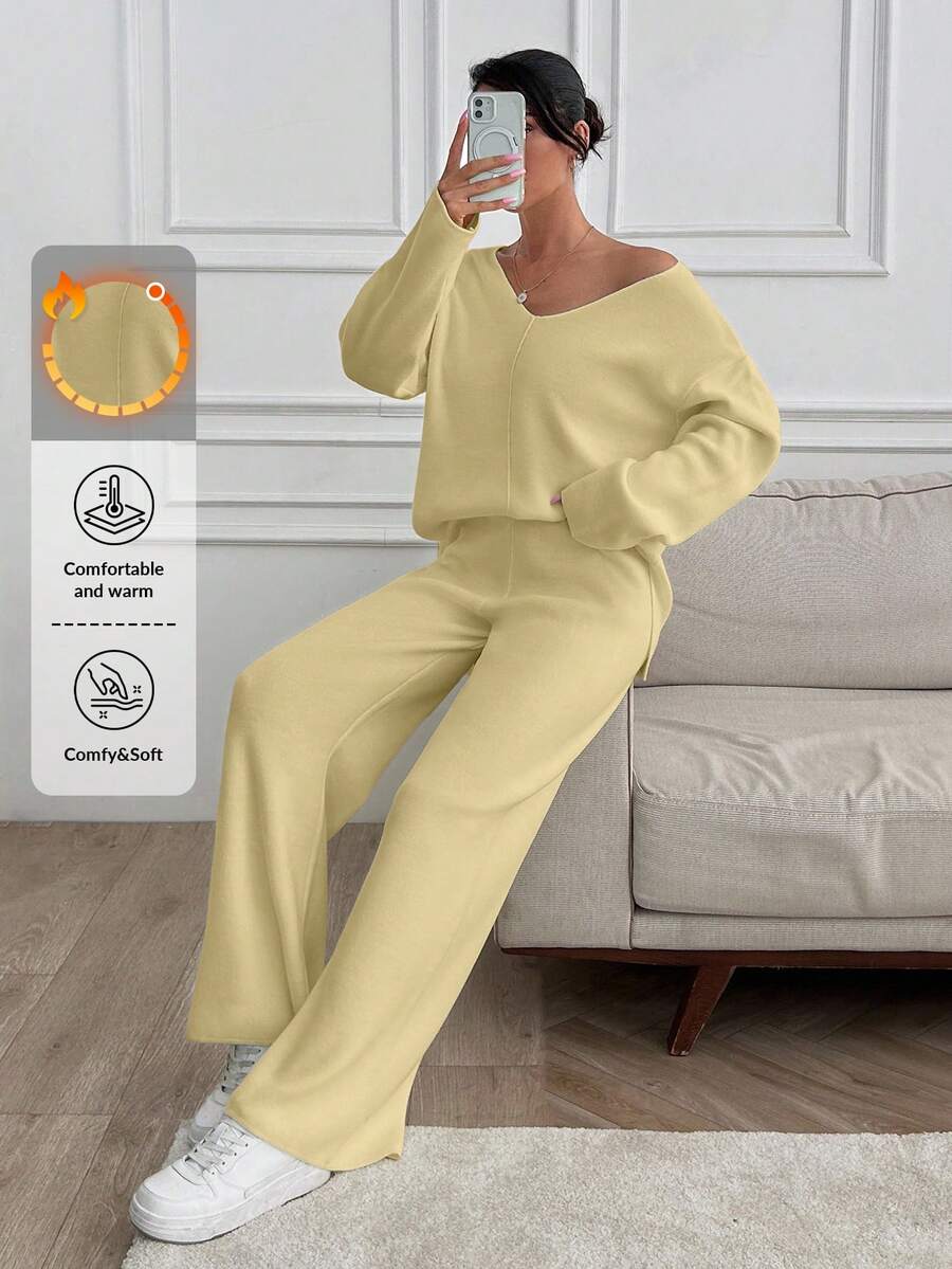 SHEIN Tall Tall Women V-Neck Oversize Sweater And Knit Pant Set - Beige - View 1