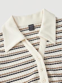 SHEIN MOD Váy dài vừa vặn cổ polo kẻ sọc thường ngày khi đi làm - Nhiều màu - Xem 3