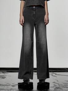 MUSERA Celana Jeans Denim Lebar Oversized dengan Motif Washed, Hanya Bagian Bawahnya, Cocok untuk Musim Gugur/Musim Dingin, Streetwear, Keren untuk Malam Hari, Sehari-hari, Seksi, Onyx, Musim Semi/Musim Panas - Hitam - View 2