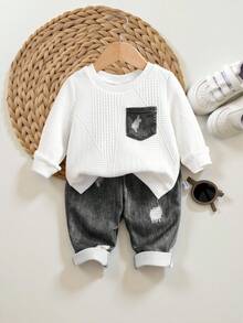 SHEIN 2pcs Baby Boy/Girl Vintage British Style Knitted Layered Padded Sweatshirt & Denim Effect Pants Set, All-Match Casual Outfit For Autumn/Winter