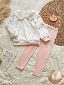 Vintaside Kids 少女秋冬两件套可爱甜美优雅樱桃印花套头衫+裤子 - 粉色 - 查看 5