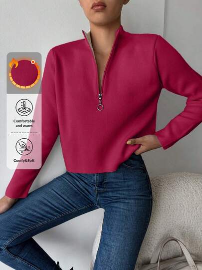 Women's Solid Color Half Zip Casual Pullover Long Sleeve Sweater,Jumper,Cream Jumper,Jumpers,Black Jumper,Womens Jumper,White Jumper,Women's Jumper,Women's Jumpers,Winter Clothes