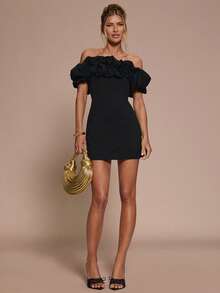 SHEIN BAE 1pc Women's Elegant Off Shoulder Tight-Fitting Black Jumpsuit, Suitable For Cocktail Parties, Romantic Dates, Autumn/Winter Layering, Gatherings, Parties,Valentine's Day,Valentine Outfits For Women - Black - View 4