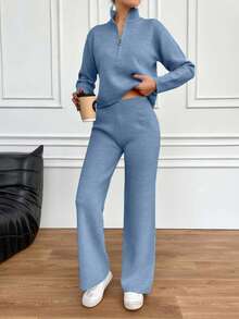 EURMUSE 2pcs Ladies' Solid Color Zip Front Long Sleeve Sweater And Knitted Long Pants Set - Dusty Blue - View 4