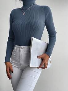 EURMUSE Women's Basic Casual Solid Color Ribbed Turtleneck Sweater - Dusty Blue - View 4
