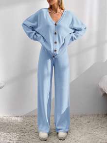 EURMUSE Drop Shoulder Cardigan & Tie Front Knit Pants - Baby Blue - View 3