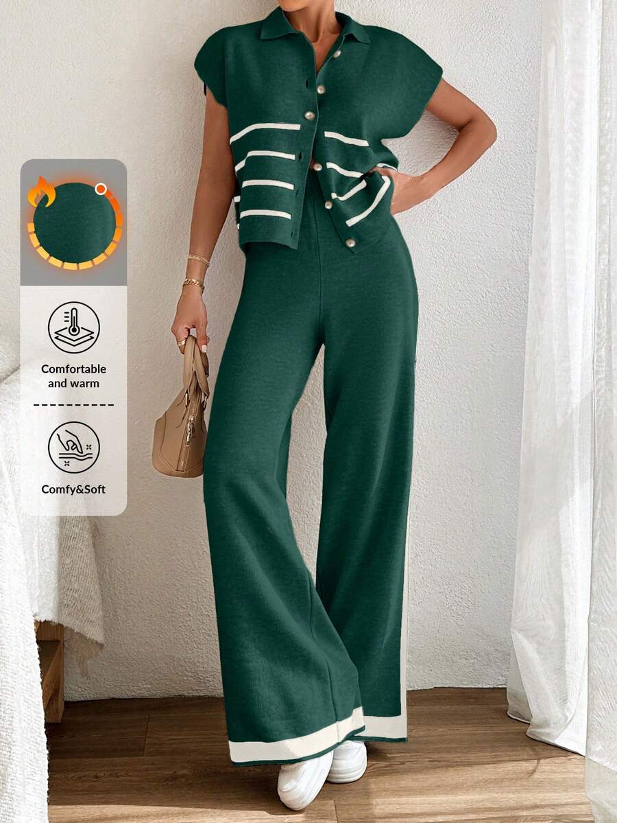 EURMUSE Women Stripe Polo Neck Short Sleeve Sweater And Pant Co-Ord Set,Petite,Winter Clothes - Dark Green - View 1