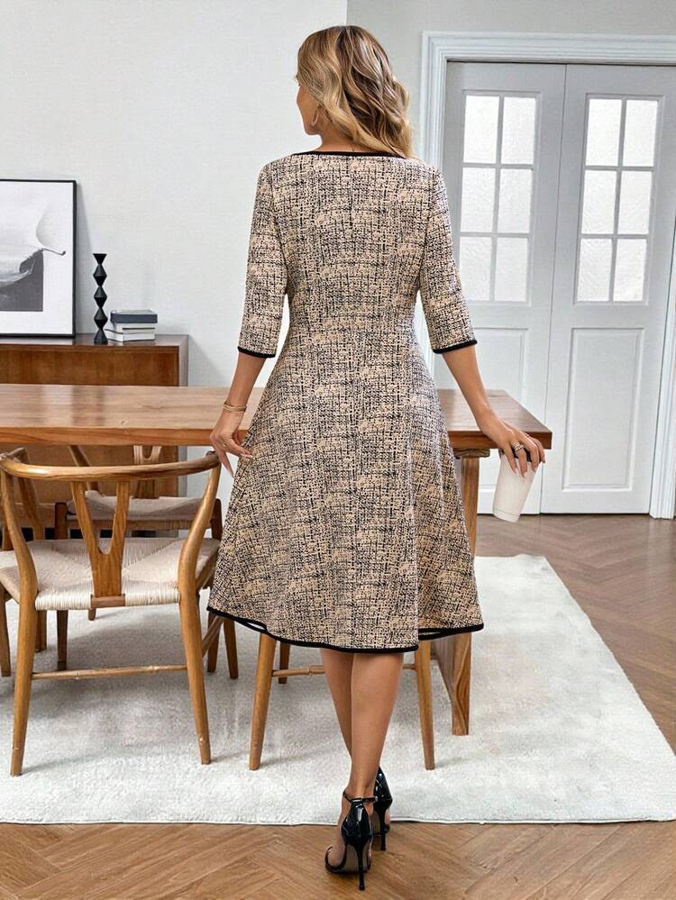 Women's Casual Mid-Length Allover Print Dress With Round Neck And 3/4 Sleeves Women's Plaid Print Round Neck Elegant Office Midi Dress One-Piece Dress Ladies Autumn Winter  One-Piece Dress Ladies Autumn Winter Winter Dress Women Brown Dress Cheetah Print Dress  Elegant Dresses For Women   Elegant Party Dresses For Women Women Dresses Autumn Winter