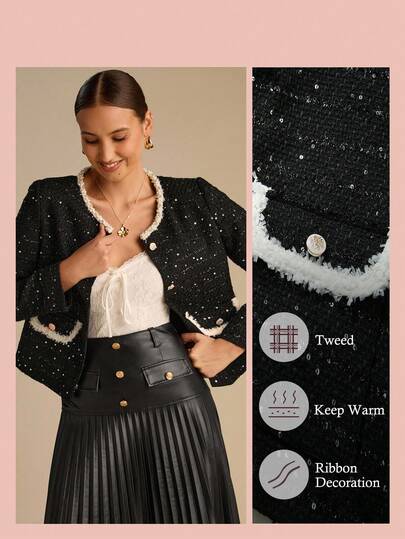 Enchnt 女式仿珍珠装饰圆领长袖单排扣优雅夹克