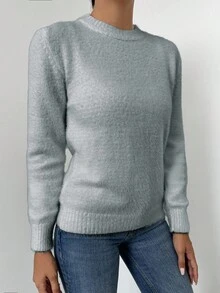 RueChic Women Solid Color Round Neck Long Sleeve Casual Loose Knit Grey Sweater, Autumn/Winter