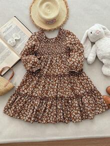 Blossori Vestido de niña con mangas abullonadas, fruncido y estampado floral elegante en marrón - Multicolor - Ver 3