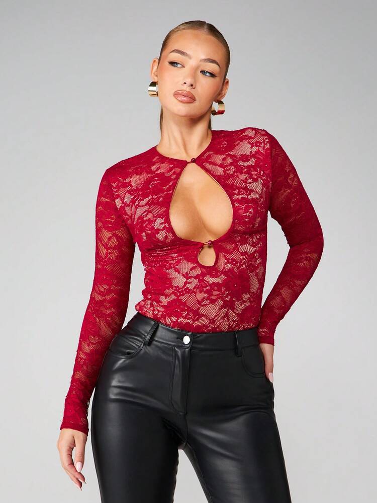 MISSGUIDED Long Sleeve Lace Bodysuit With Keyhole Cut Out Detail For Evening Party Occasions