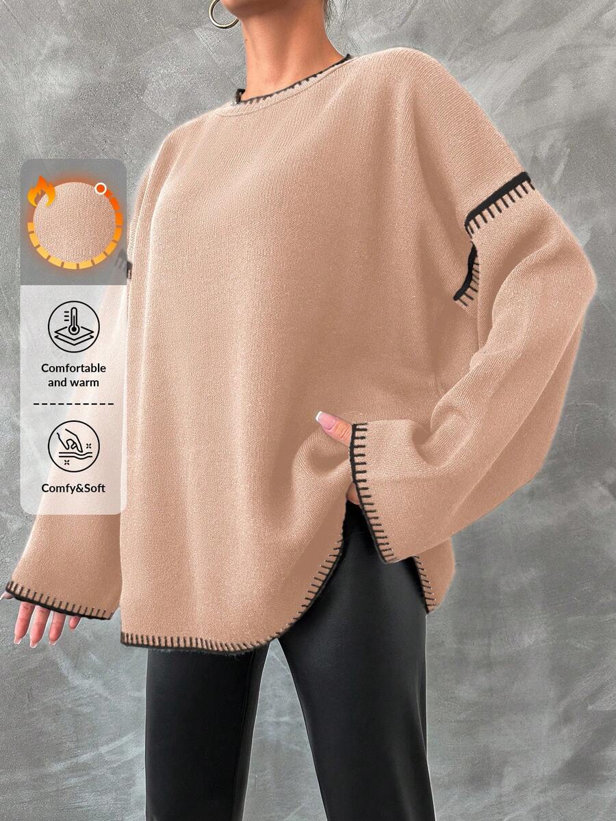 EURMUSE Suéter De Punto De Mujer Con Bloques De Color, Bordes Contrastantes Y Hombro Caído - Rosa Pálido - Ver 1