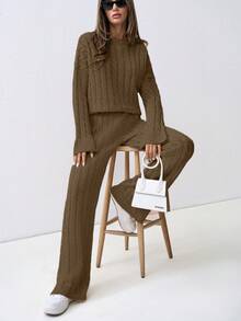 SHEIN Tall 女士粗针织落肩毛衣和裤子两件套 - 棕色 - 查看 5