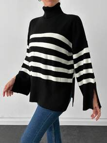 SHEIN Cottnline Striped Pattern Turtleneck Drop Shoulder Split Hem Sweater - Black - View 5