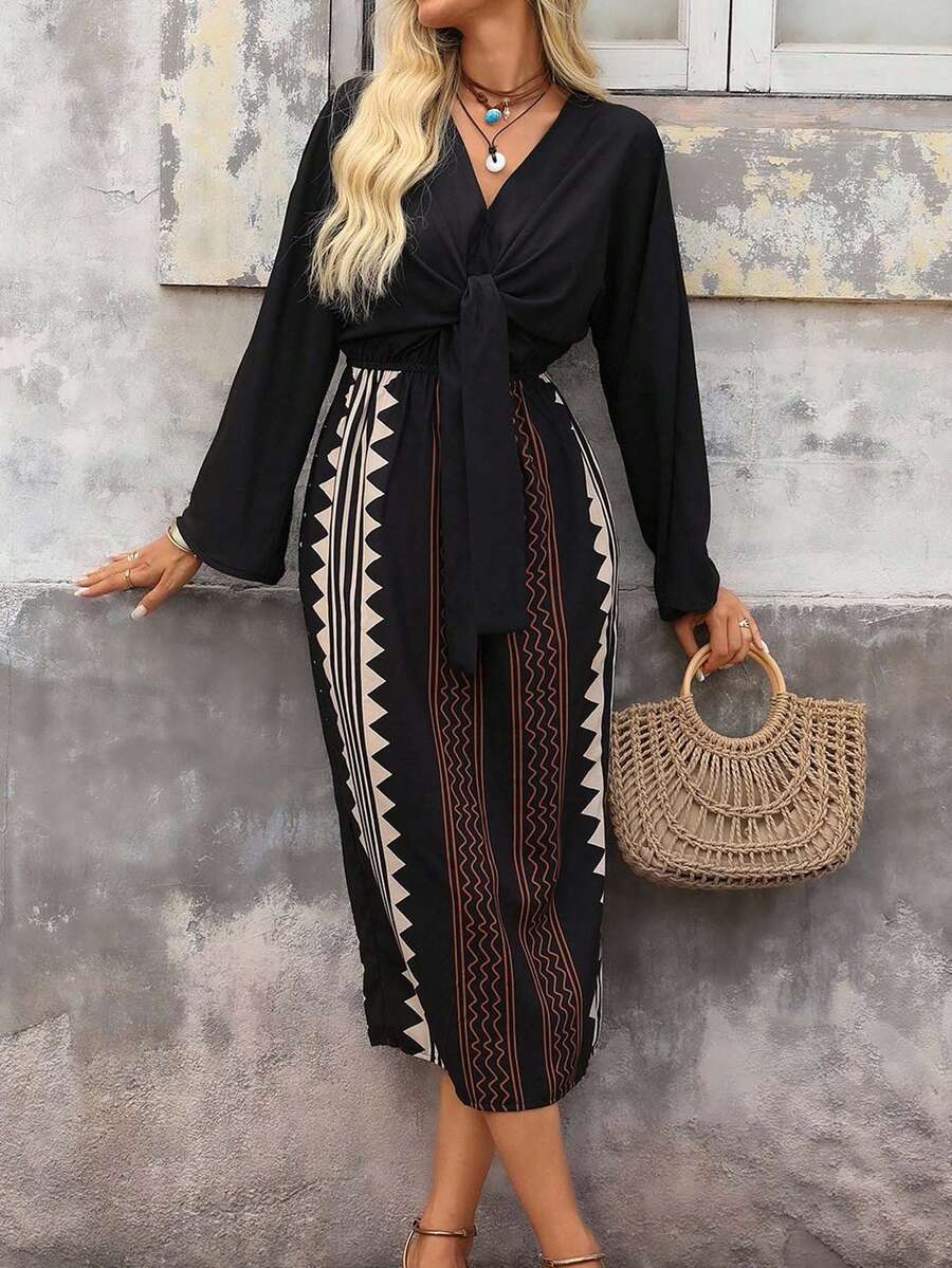 Brillora 女式几何印花拼接中长休闲连衣裙 - 黑色 - 查看 1