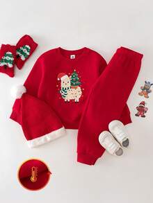 THE HAPPY LOOK 2pcs/Set Young Boy Cartoon Animal Print Soft Knit Crew Neck Long Sleeve Pullover Sweatshirt And Elastic Waist Jogger Pants - Red - View 7