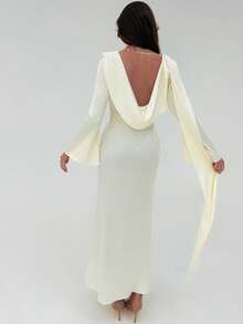 Aloruh Romantic Date Party Flare Sleeve Backless Ribbon Maxi Apricot Satin Dress For Women Bride - Apricot - View 3