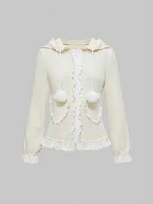 ROMWE Kawaii Cute & Sweet Heart Pocket Ruffle Trim Sweatshirt For Women - Apricot - View 1