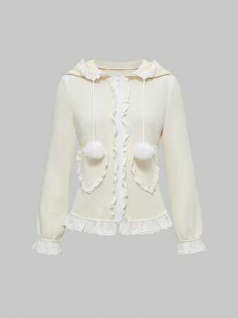 Kawaii Felpa con cappuccio da donna con taschino a forma di cuore e rifiniture arricciate