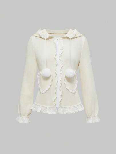 Kawaii Felpa con cappuccio da donna con taschino a forma di cuore e rifiniture arricciate