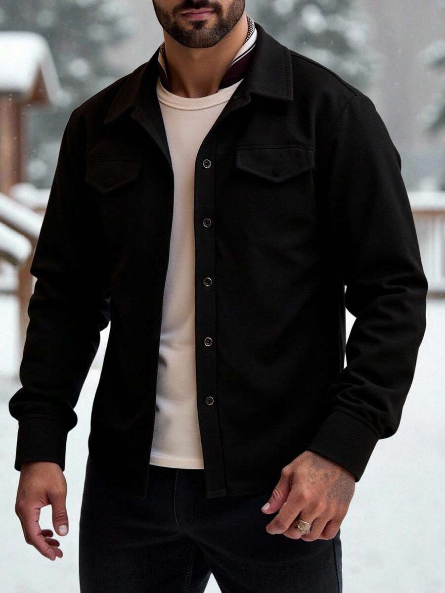 Mainfolk Camisa casual y versátil de unicolor para hombre, otoño - Negro - Ver 1