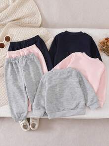 6pcs Baby Girls Comfortable Casual Knit Cute Bow & Letter Print Crew Neck Long Sleeve Top And Pants Set, Suitable For Spring, Autumn & Winter Daily Wear